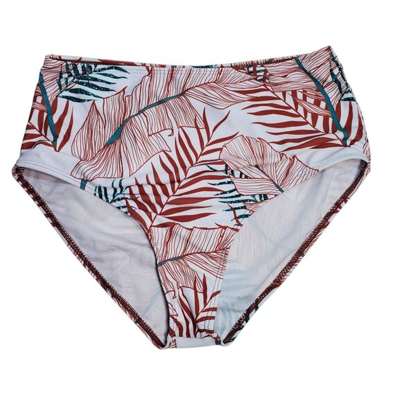 Shein Women's White Brown Tropical Print High Waisted Bikini Bottoms Size M - Picture 1 of 3